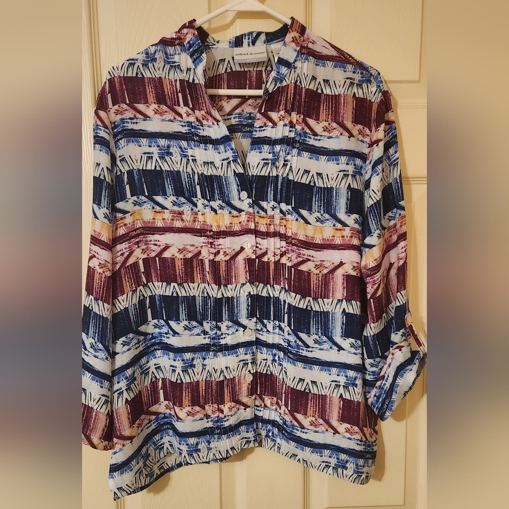 Alfred Dunner Women's Multi-colored Long Sleeve Top Blouse 16P Rolltab Sleeve